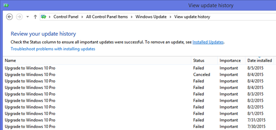 Upgrade to Windows 10 Pro - Failed Windows Updates